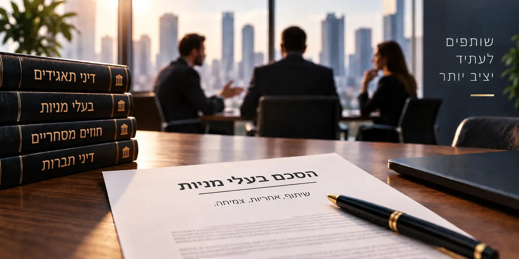 הסכם בעלי מניות על שולחן במשרד עורכי דין