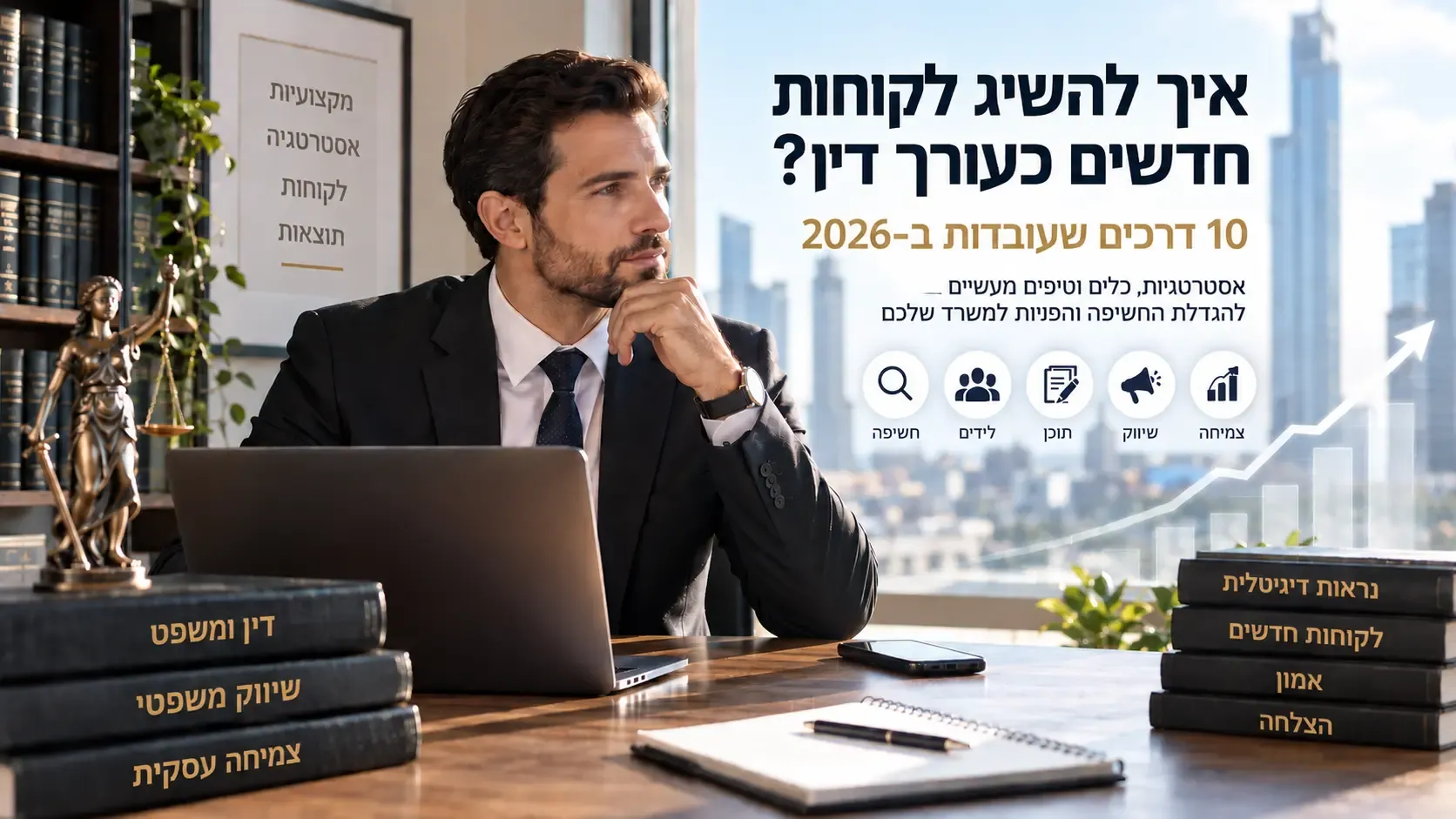 עורך דין במשרד מודרני חושב על דרכים להשגת לקוחות חדשים בשנת 2026