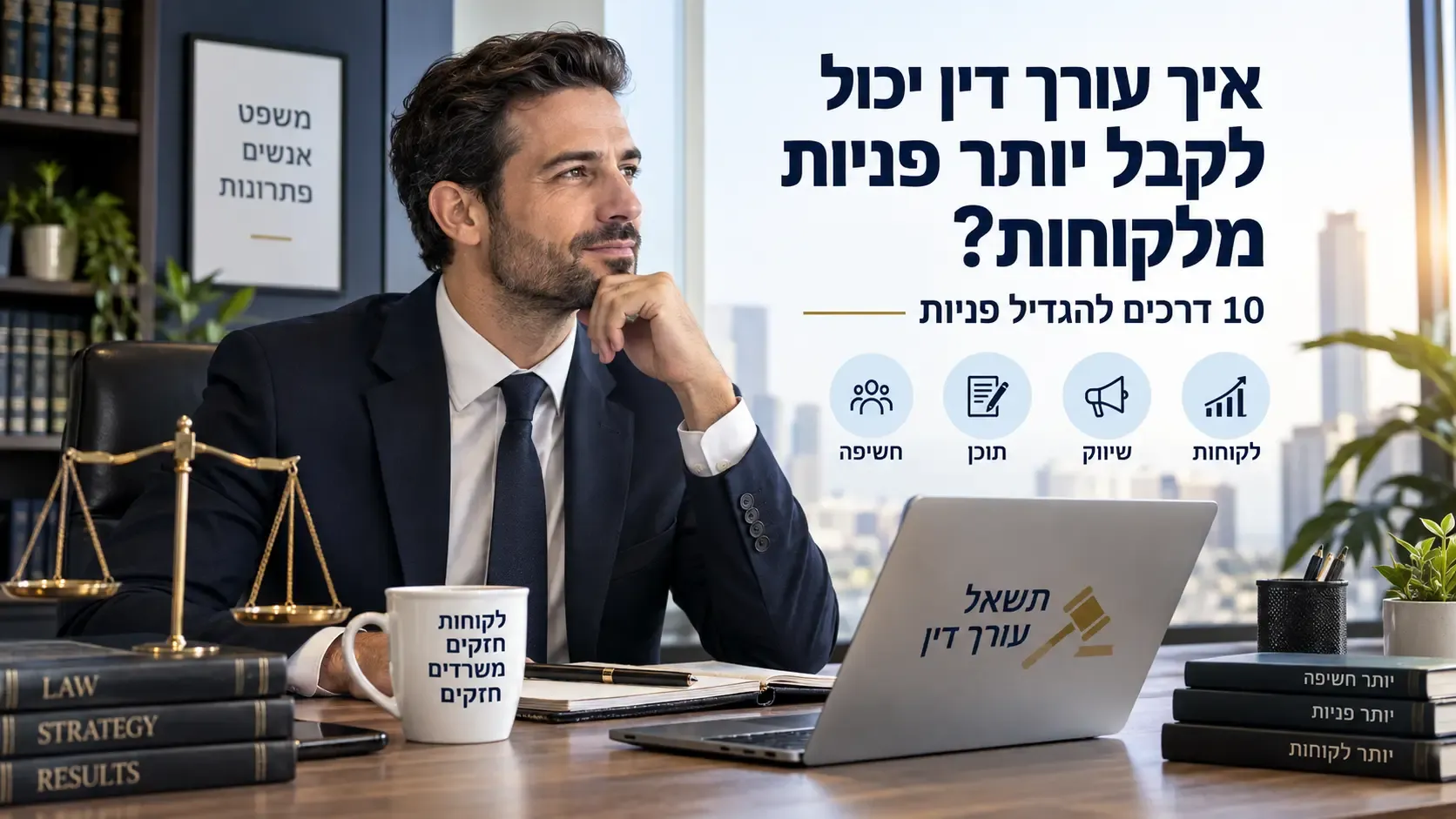 עורך דין במשרד מול מחשב עם המחשה של שיווק, חשיפה וקבלת פניות מלקוחות